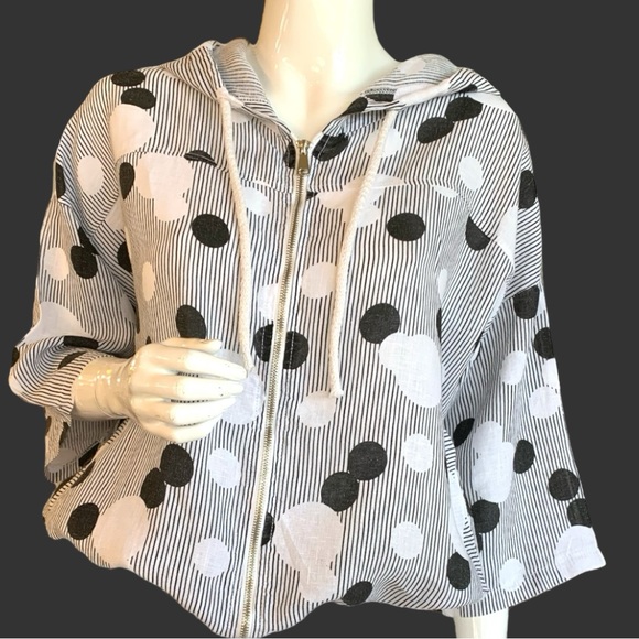 LIABELLA BLACK/WHITE LINEN HOODED ZIP FRONT TOP. WOMEN’S SIZE XXL - Picture 2 of 7